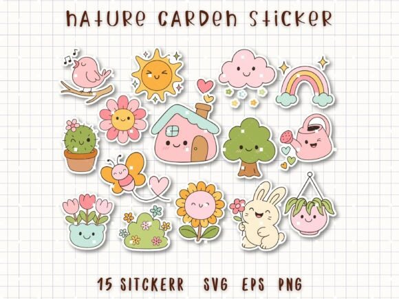 Nature Garden Sticker Plant and Bunny Graphics for Crafts